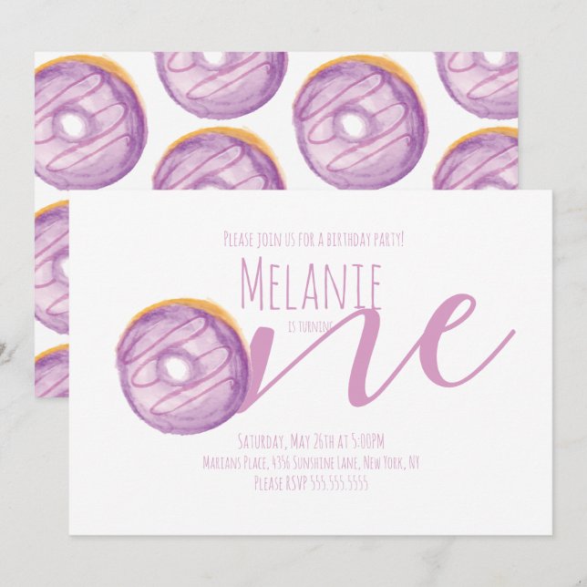 Invitation Aquarelle Donut premier anniversaire Sweet Party P (Devant / Derrière)