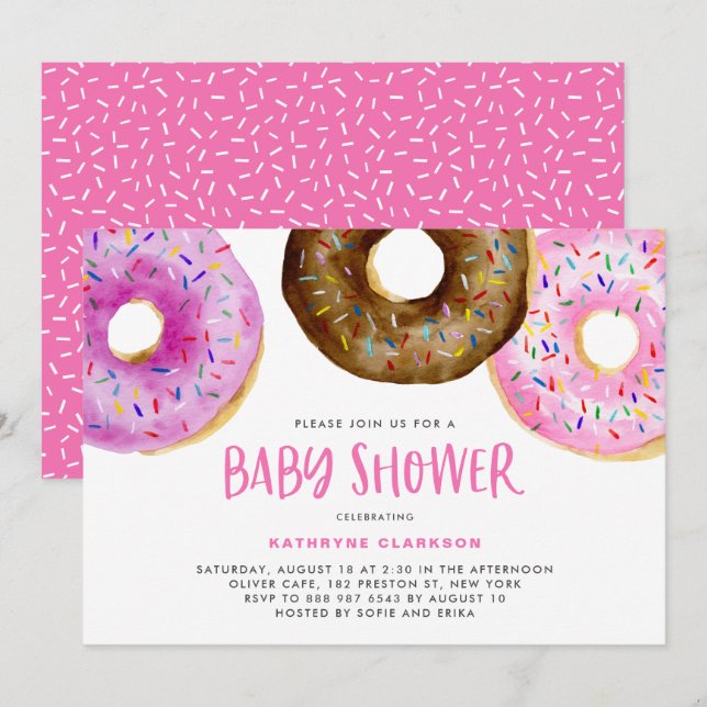 Invitation Aquarelle Donuts avec arrosage Baby shower fille (Devant / Derrière)