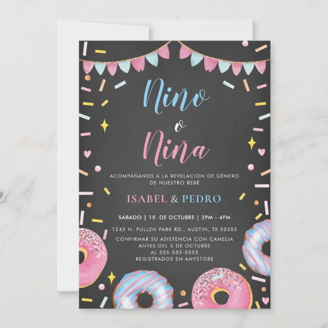Invitation Aquarelle Donuts Black Spanish Gender Revela (Devant)