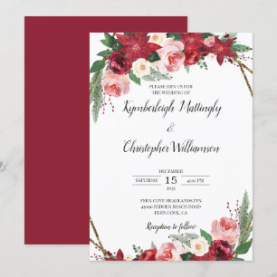 Invitation Aquarelle d'or bordeaux géométrique Mariage floral