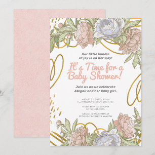 Invitation Aquarelle d'or Floral & Baby shower de filles vert