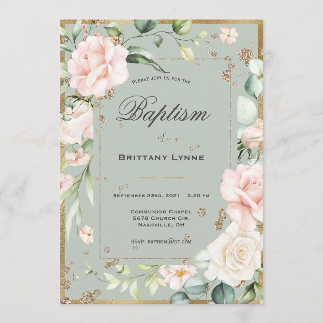 Invitation Aquarelle d'or Sage Green Baptême floral (Devant)