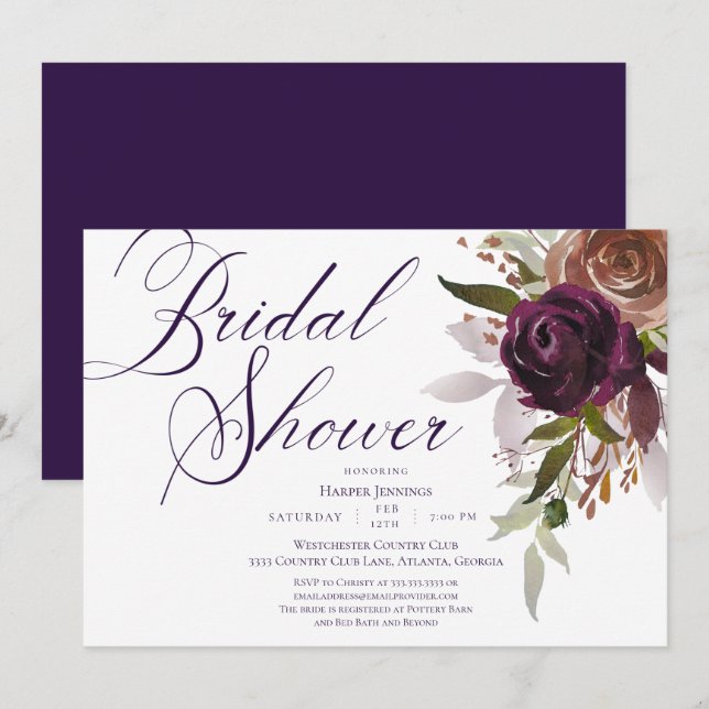 Invitation Aquarelle d'or violet Fête des mariées florale (Devant / Derrière)