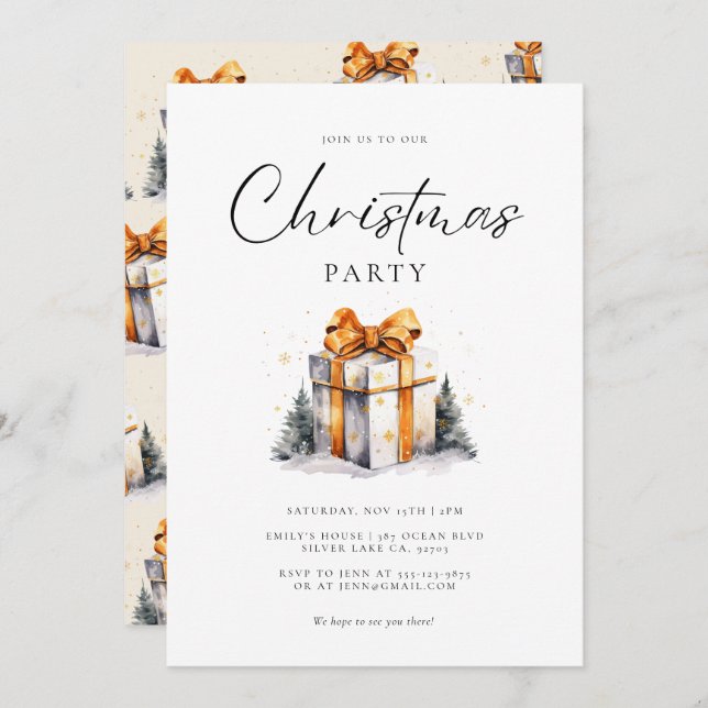 Invitation Aquarelle dorée de Noël (Devant / Derrière)