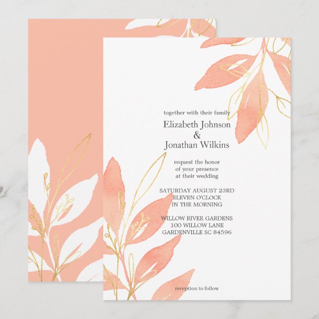 Invitation Aquarelle dorée Mariage floral (Devant / Derrière)