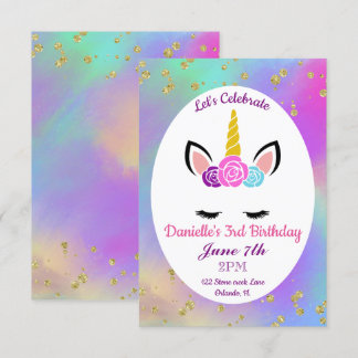 Invitation Aquarelle dorée Unicorne florale Anniversaire