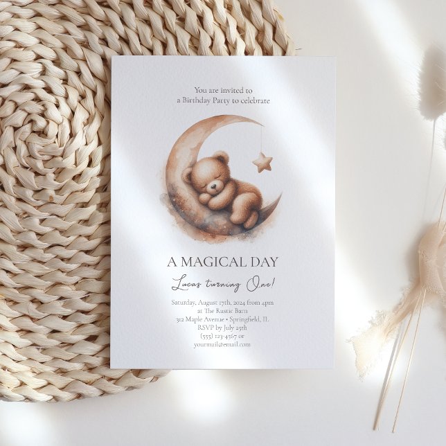 Invitation Aquarelle Dormir Brown Ours sur la Lune (Créateur téléchargé)