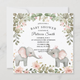 Invitation Aquarelle douce Baby shower d'éléphant Floral