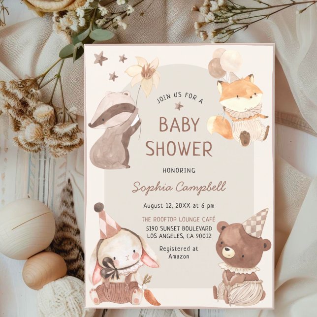 Invitation Aquarelle douce Boho Baby shower animal (.)