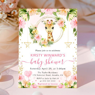 Invitation Aquarelle Douce Fête de Naissance Girafe Rose Jung