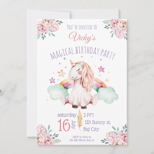 Invitation Aquarelle douce Fleurs arc-en-ciel Unicorn Anniver (Devant)