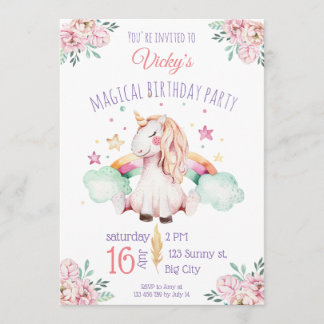 Invitation Aquarelle douce Fleurs arc-en-ciel Unicorn Anniver