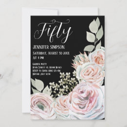 Invitation Aquarelle douce fleurs délicates Noir Anniversaire
