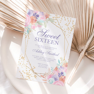 Invitation Aquarelle douce pastel or floral photo Sweet 16