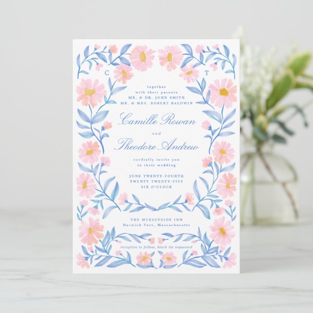 Invitation Aquarelle douce rose et bleu Poudre Orné Floral (Debout devant)