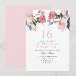 Invitation Aquarelle douce rose pâle 16 Anniversaire