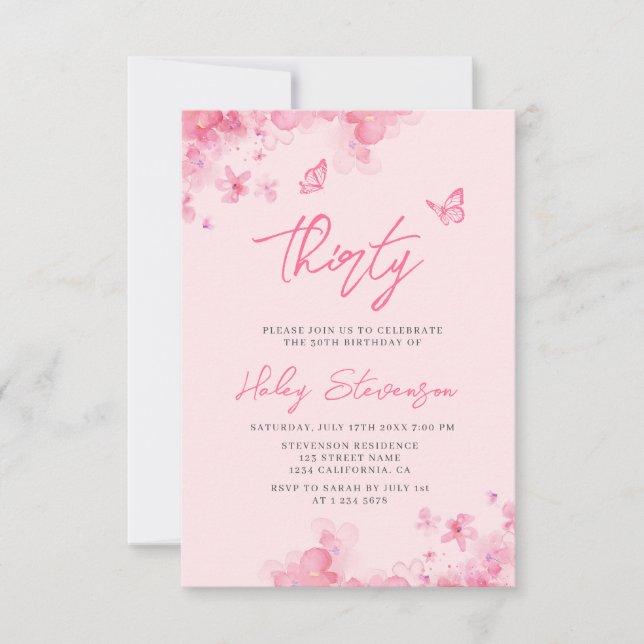 Invitation Aquarelle douce rose pastel 30e anniversaire (Devant)
