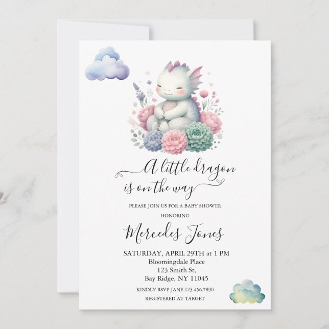 Invitation Aquarelle Dragon Bébé Avec Fleurs Arc En Ciel (Devant)