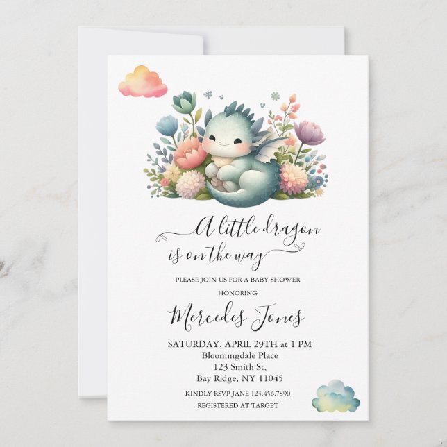 Invitation Aquarelle Dragon Bébé Avec Fleurs Arc En Ciel (Devant)