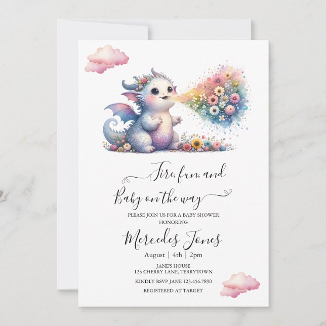 Invitation Aquarelle Dragon Bébé Avec Fleurs Arc En Ciel Feu (Devant)