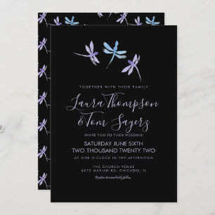 Invitation Aquarelle Dragonfly Elegant Script Mariage Noir