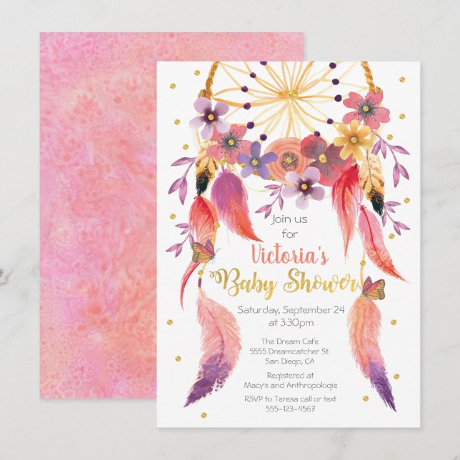 Invitation Aquarelle Dreamcatcher Baby shower en feuille d'or (Devant / Derrière)