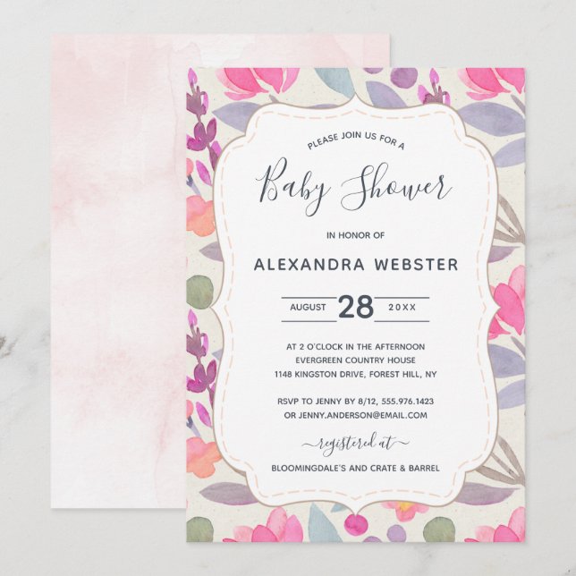 Invitation Aquarelle Dreamy Floral | BABY SHOWER (Devant / Derrière)