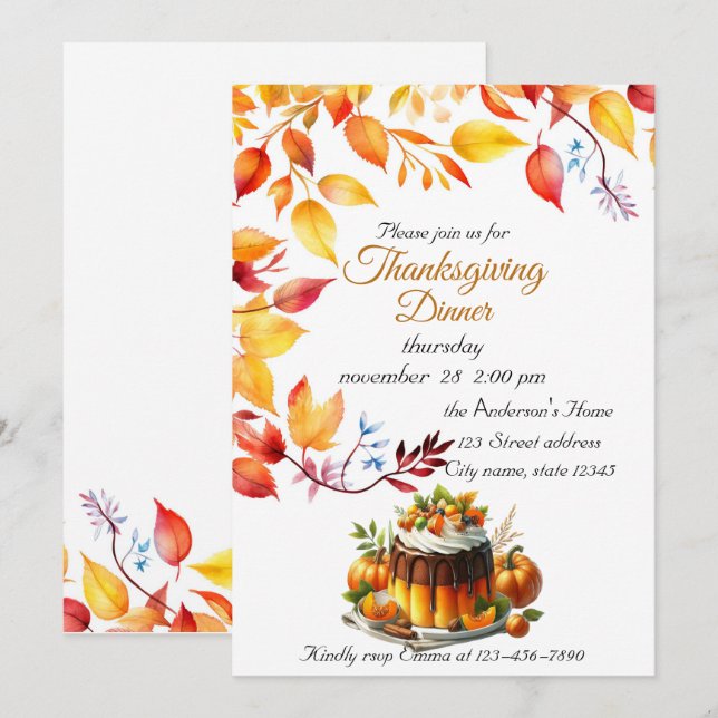Invitation Aquarelle du Citrouille de Thanksgiving Automne (Devant / Derrière)