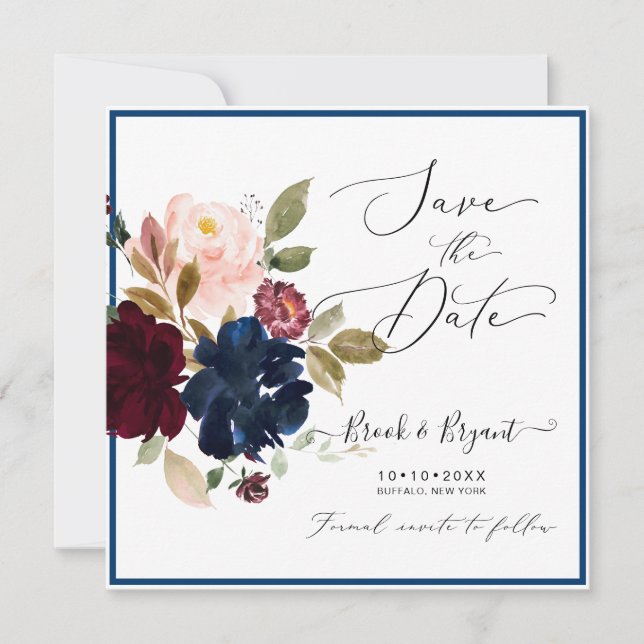 Invitation Aquarelle Dusty Bleu Bourgogne Blush Roses (Devant)