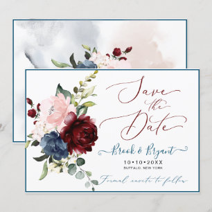 Invitation Aquarelle Dusty Bleu Bourgogne Blush Roses