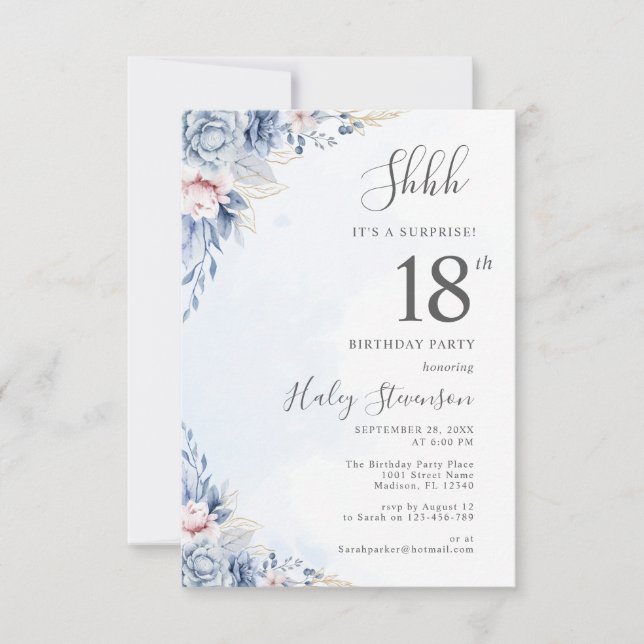 Invitation Aquarelle Dusty Blue Boho Budget 18e anniversaire (Devant)