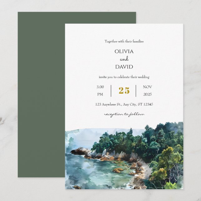Invitation Aquarelle Dusty Blue Coastal Woodsy Beach Mariage (Devant / Derrière)