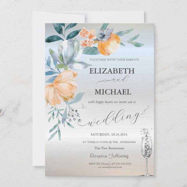 Invitation Aquarelle Dusty Blue Fleurs Vin Verre Argent (Devant)