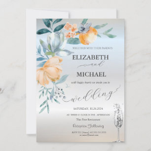 Invitation Aquarelle Dusty Blue Fleurs Vin Verre Argent