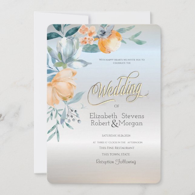 Invitation Aquarelle Dusty Blue Flowers Mariage argent (Devant)