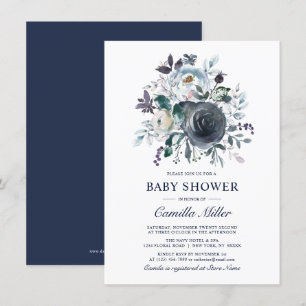 Invitation Aquarelle Dusty Blue Navy Baby shower floral