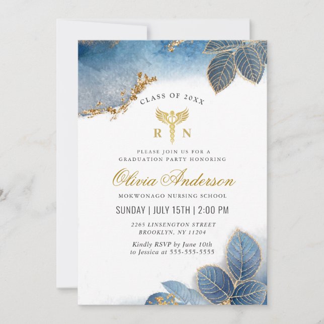 Invitation Aquarelle Dusty Blue Nursing School Graduation (Devant)