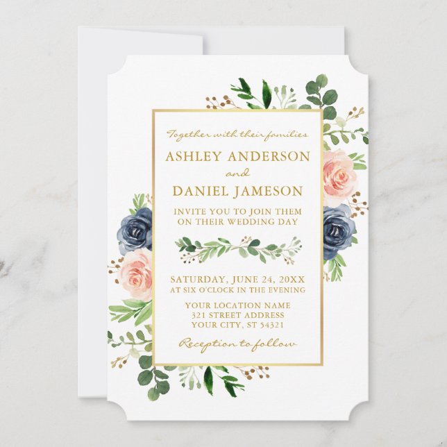 Invitation Aquarelle Dusty Blue Rose Roses Mariage or (Devant)
