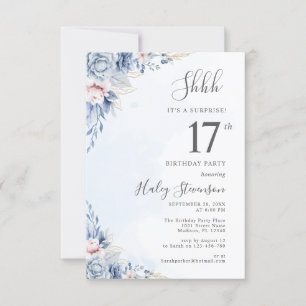 Invitation Aquarelle Dusty Blue Surprise 17ème anniversaire f