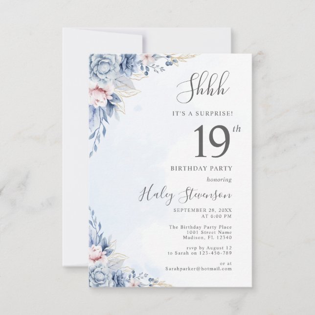 Invitation Aquarelle Dusty Blue Surprise 19ème anniversaire (Devant)
