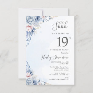 Invitation Aquarelle Dusty Blue Surprise 19ème anniversaire