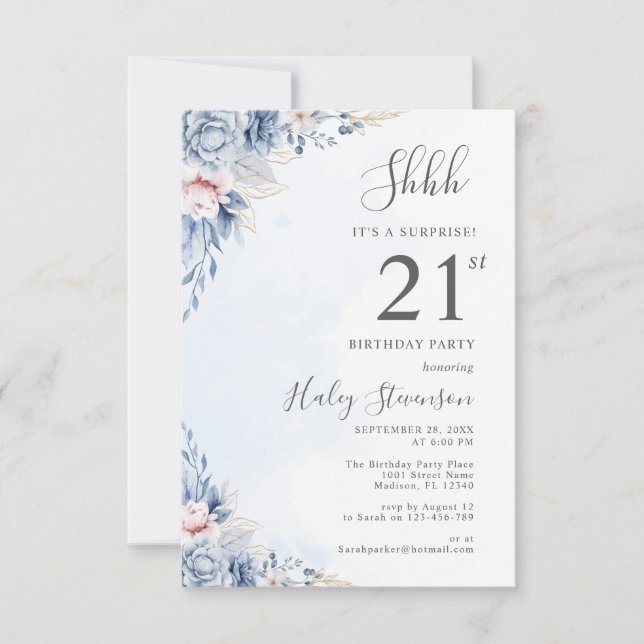 Invitation Aquarelle Dusty Blue Surprise 21ème anniversaire (Devant)