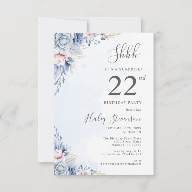 Invitation Aquarelle Dusty Blue Surprise 22e fête d'anniversa (Devant)