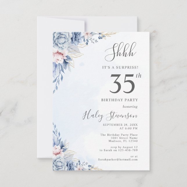 Invitation Aquarelle Dusty Blue Surprise 35e anniversaire (Devant)
