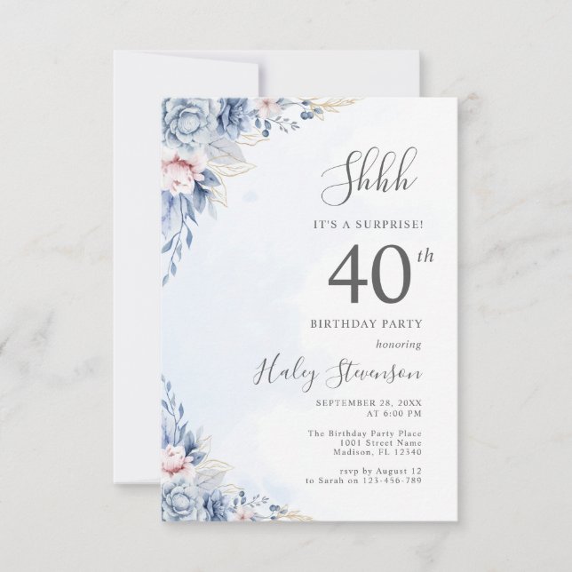 Invitation Aquarelle Dusty Blue Surprise 40e anniversaire fêt (Devant)