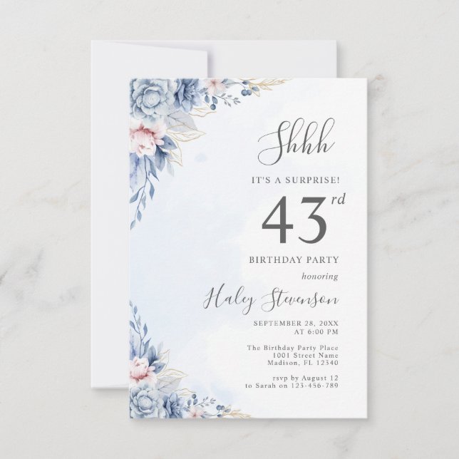Invitation Aquarelle Dusty Blue Surprise 43ème anniversaire (Devant)