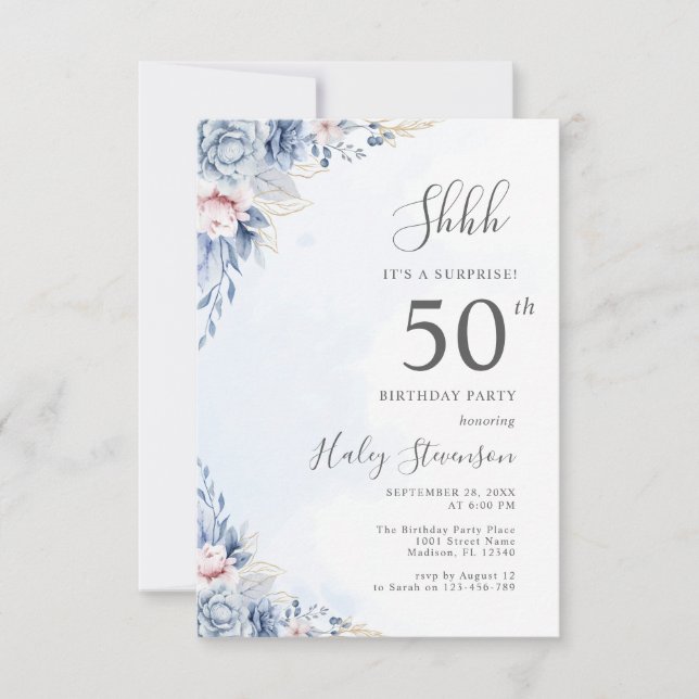 Invitation Aquarelle Dusty Blue Surprise 50e anniversaire (Devant)