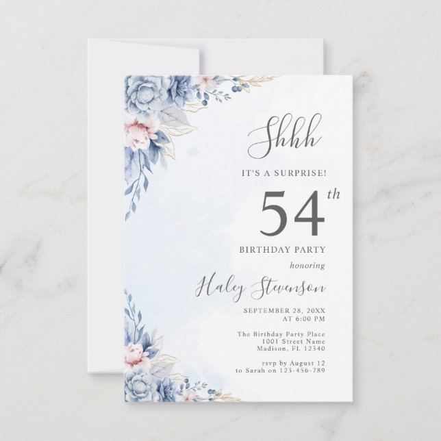 Invitation Aquarelle Dusty Blue Surprise 54e anniversaire (Devant)