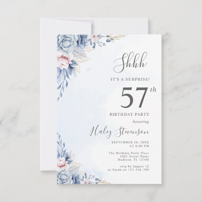 Invitation Aquarelle Dusty Blue Surprise 57ème anniversaire (Devant)