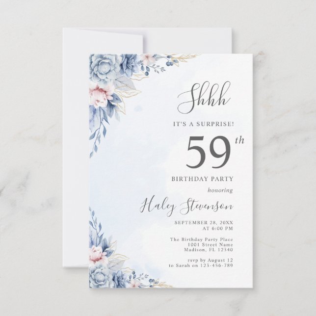 Invitation Aquarelle Dusty Blue Surprise 59e anniversaire (Devant)
